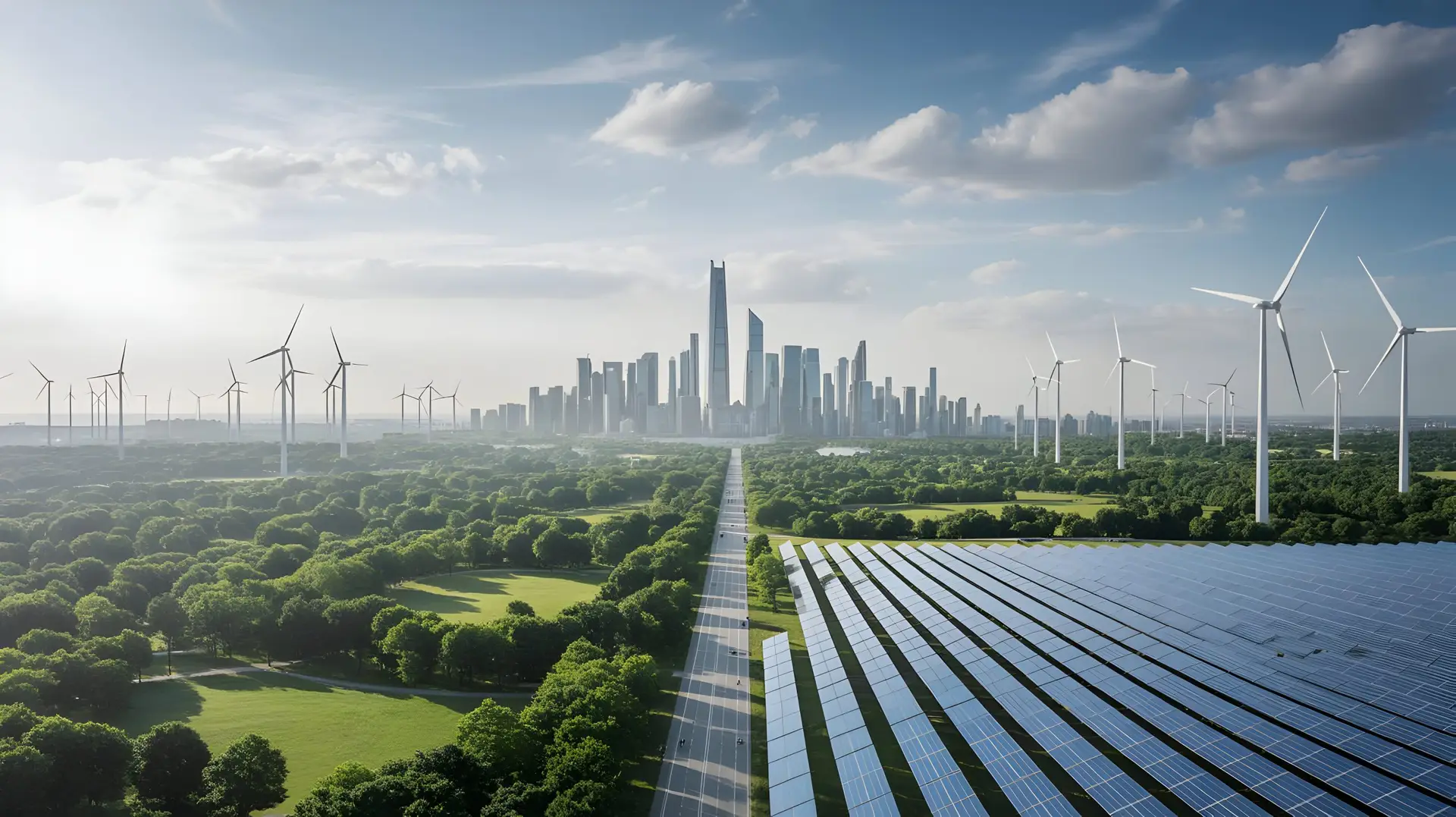 City surrounded by green space and renewable energy