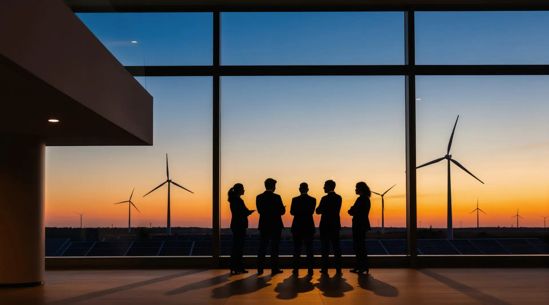 People inside a building looking out at a renewable energy landscape