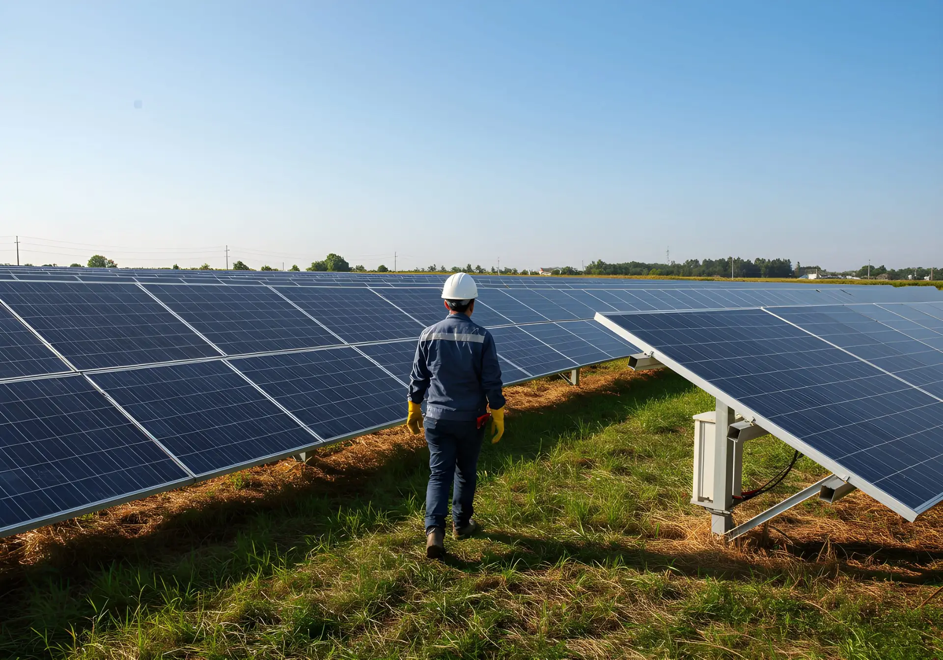 Worker among solar panels